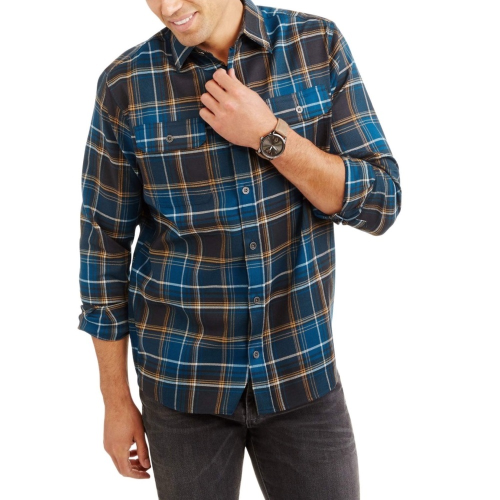 SwissTech Men’s XL Long Sleeve Blue Plaid Shirt Polyester/Spandex Pockets Layer